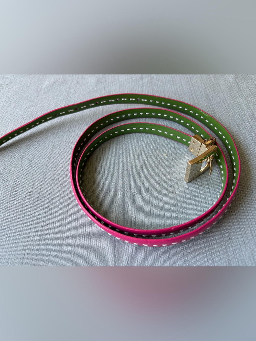 Pink and Green Reversible Women’s Belt with Gold Buckle White Contrast Stitching